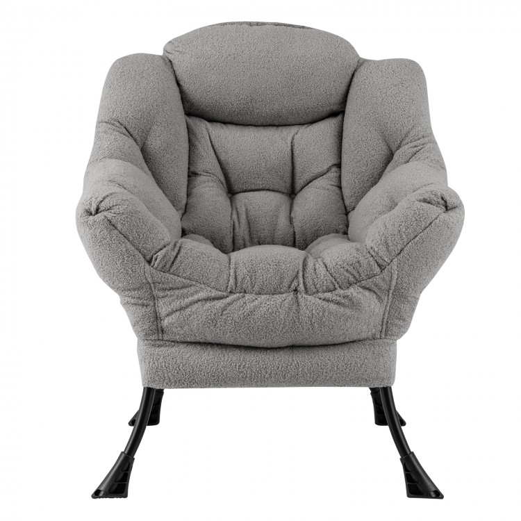 Cozy gray Sherpa upholstered accent chair with ergonomic support and soft head pillow, ideal for relaxation in any room.